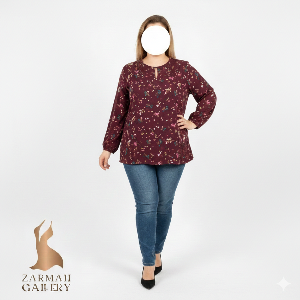 شومیز آستینبلند زنانه برند Les Serein استوک اروپایی گرید A رنگ زرشکی با طرح گلهای ریز فانتزی سایز بزرگ