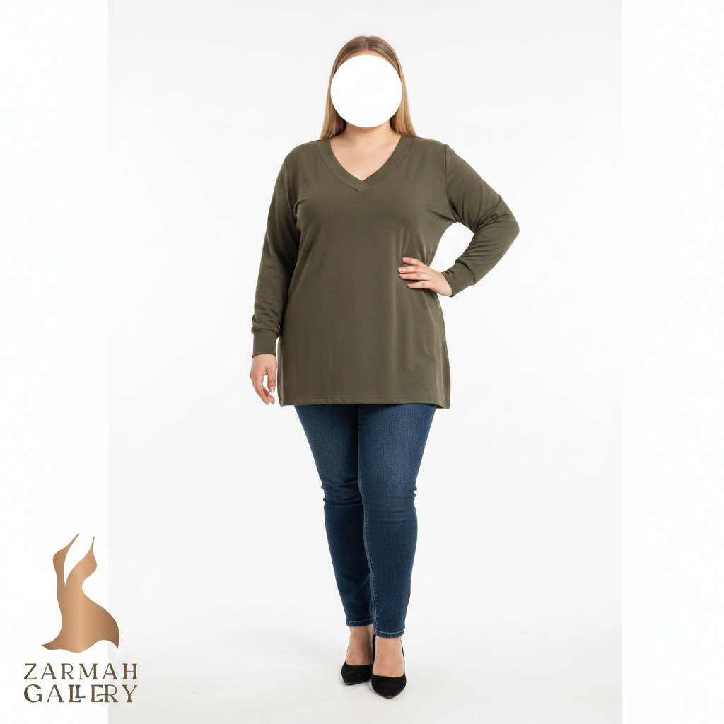 شومیز زنانه پلاس سایز استوک وارداتی رنگ سبز زیتونی یقه هفت آستین بلند برند اروپایی