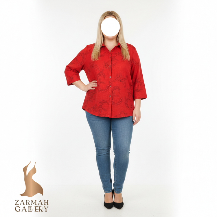 شومیز زنانه قرمز برند کرافت اند بارو استوک اروپایی طرحدار آستین سه ربع مناسب سایز بزرگ