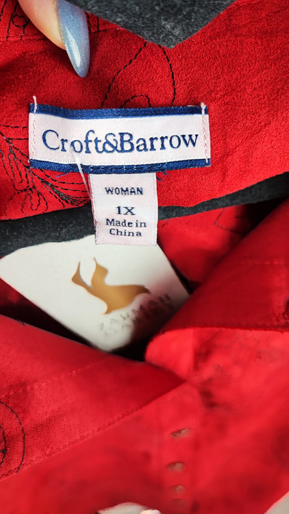 شومیز زنانه قرمز برند کرافت اند بارو استوک اروپایی طرحدار آستین سه ربع مناسب سایز بزرگ