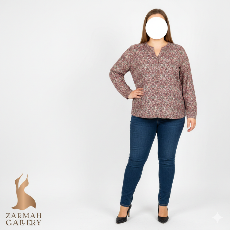 شومیز زنانه سایز بزرگ برند جینا بنوتی رنگ زرشکی طرحدار جنس ویسکوز وارداتی استوک اروپایی