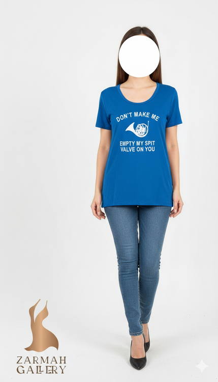 تیشرت آبی زنانه ۱۰۰٪ پنبه برند Port & Company با طرح چاپی دونت میک می سایز S مناسب استایل اسپرت