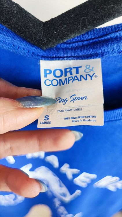 تیشرت آبی زنانه ۱۰۰٪ پنبه برند Port & Company با طرح چاپی دونت میک می سایز S مناسب استایل اسپرت