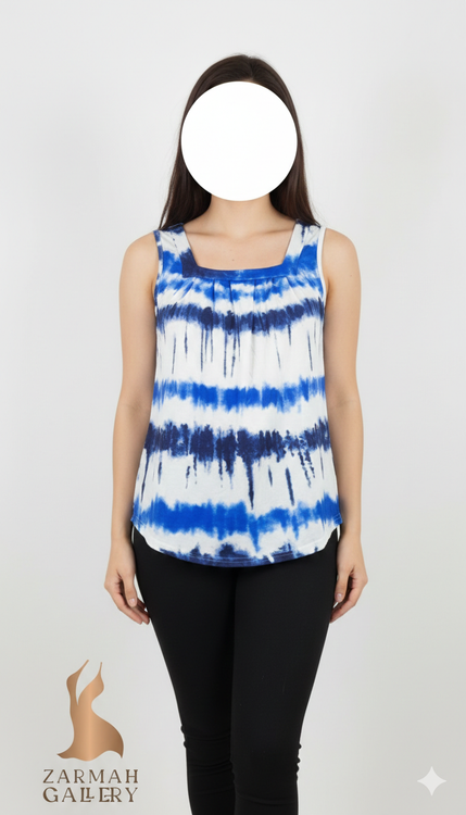 تاپ زنانه استوک وارداتی طرح ابروبادی رنگ آبی سفید کد 2 مناسب استایل کژوال و راحتی