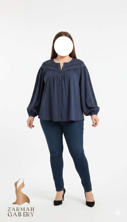 شومیز زنانه استوک اروپایی برند اولد نیوی (Old Navy) سرمهای تیره سایز بزرگ با تزیینات گیپور