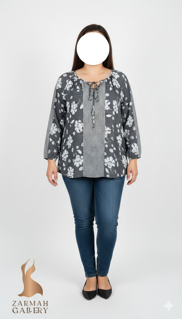 شومیز زنانه استوک خارجی برند فرد دیوید رنگ طوسی زغالی با ترکیب طرح گل و راه راه عمودی