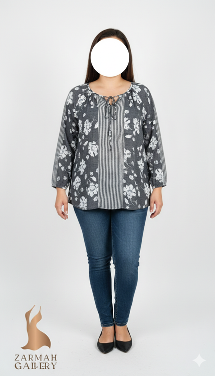 شومیز زنانه استوک خارجی برند فرد دیوید رنگ طوسی زغالی با ترکیب طرح گل و راه راه عمودی