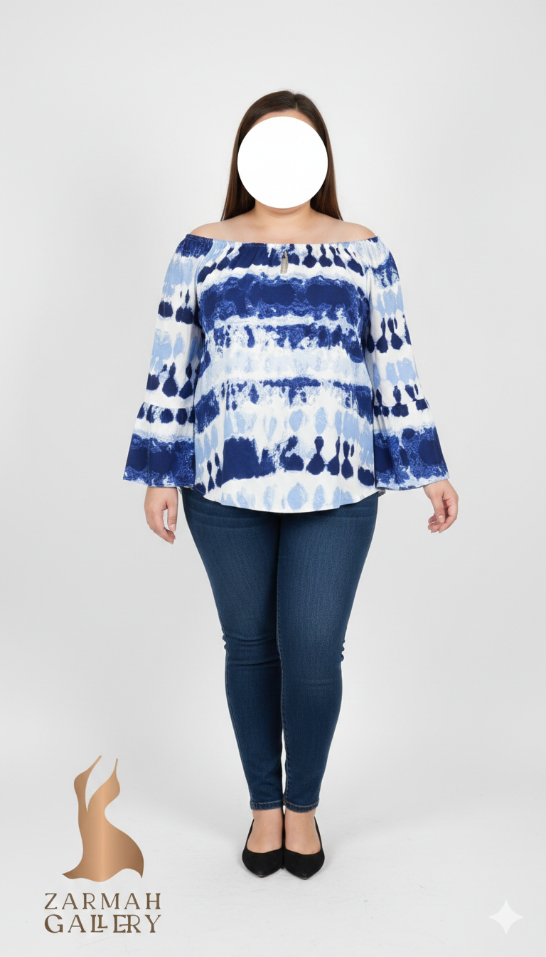 شومیز زنانه نخی ریون برند نیو دایرکشنز طرح ابروبادی آبی و سفید وارداتی سایز بزرگ مناسب استایل کژوال