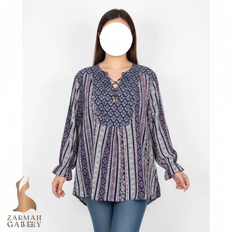 شومیز زنانه سایز بزرگ برند کاتو CATO طرحدار سرمهای کد 2261 وارداتی استوک اروپایی