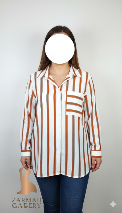 شومیز راه راه سفید و نارنجی زنانه برند Dex سایز بزرگ استوک وارداتی مناسب استایل کژوال