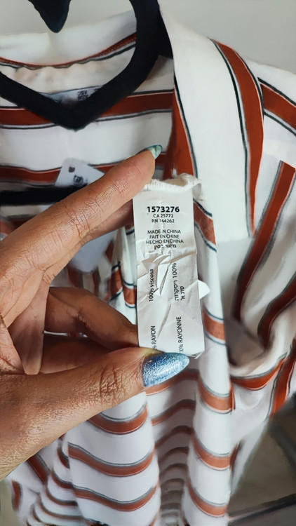 شومیز راه راه سفید و نارنجی زنانه برند Dex سایز بزرگ استوک وارداتی مناسب استایل کژوال