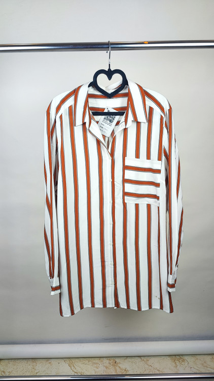 شومیز راه راه سفید و نارنجی زنانه برند Dex سایز بزرگ استوک وارداتی مناسب استایل کژوال