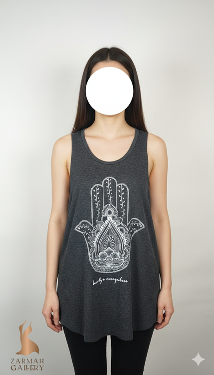 تاپ زنانه استوک وارداتی مارک Peaceful Warrior رنگ طوسی تیره با طرح چاپی سنتی مناسب یوگا و راحتی