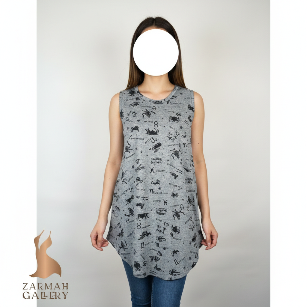 تاپ زنانه استوک برند مدرن لوکس رنگ خاکستری طرحدار مدل بدون آستین مناسب استایل روزمره