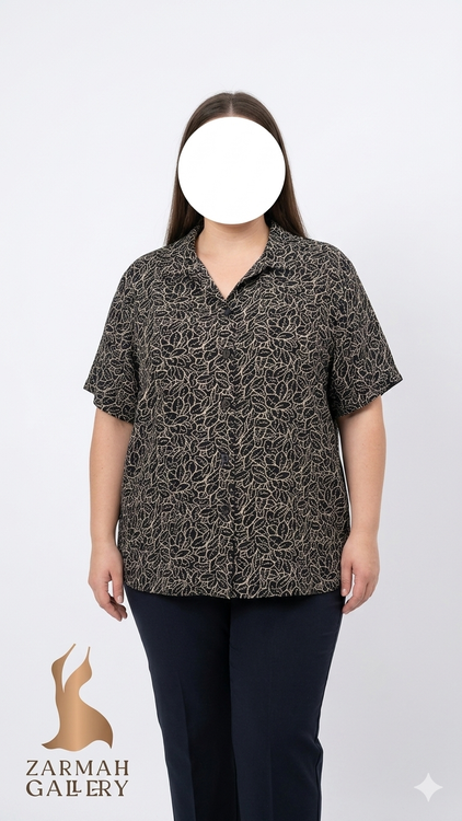 شومیز آستین کوتاه زنانه سایز بزرگ برند I.N. STUDIO رنگ مشکی با طرح برگ سفید استوک اروپایی