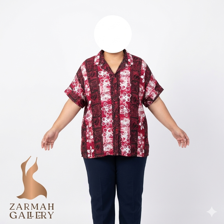 شومیز زنانه سایز بزرگ استوک وارداتی برند Tapestry طرح گلدار قرمز و مشکی مدل هاوایی