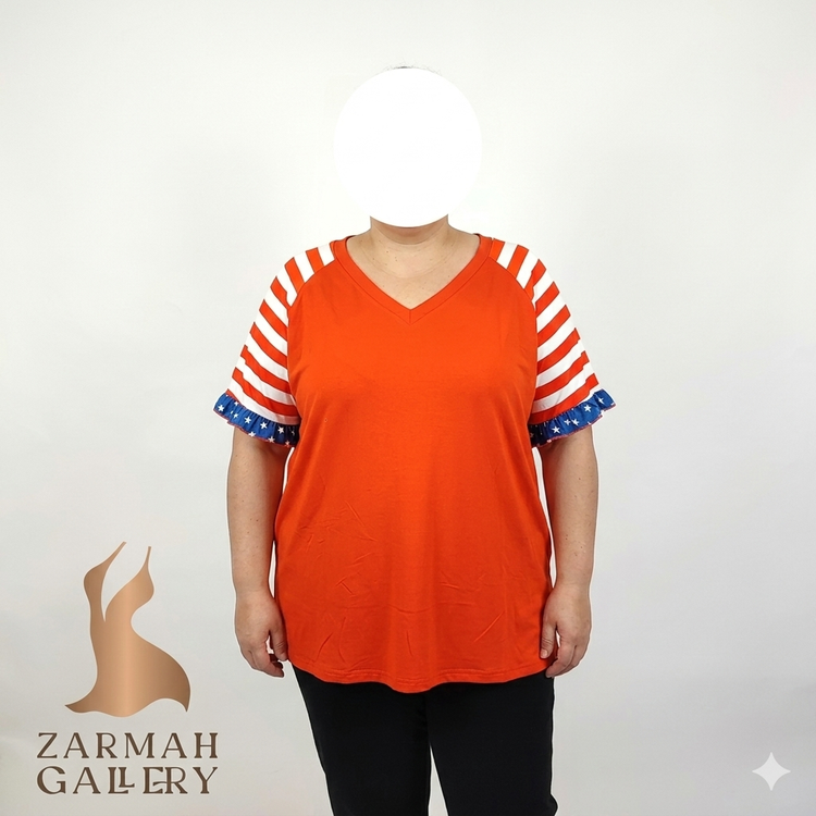تیشرت زنانه سایز بزرگ برند شین رنگ قرمز با آستین راه راه استوک وارداتی مناسب استایل کژوال