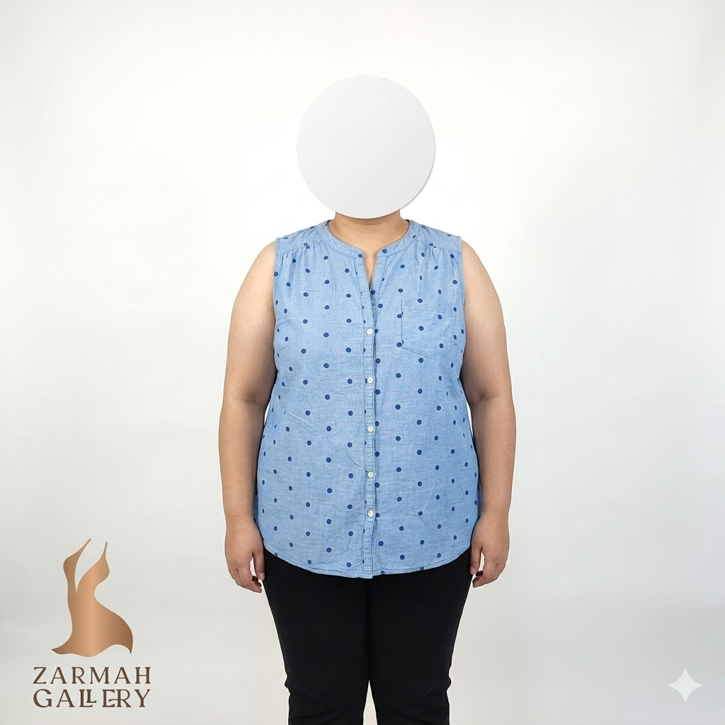 تاپ بدون آستین زنانه استوک برند سنت جانز بی رنگ آبی روشن طرح خالدار سایز بزرگ پنبهای
