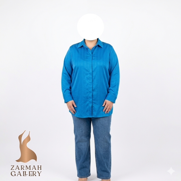 شومیز زنانه سایزبزرگ برند Ella J Black Label استوک وارداتی رنگ آبی روشن راه راه ظریف مناسب استایل کژوال