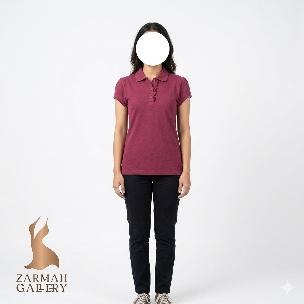 پولوشرت یقه دار زنانه برند PLACE رنگ زرشکی استوک وارداتی کد ۲ مناسب سایز ۳۴ و ۳۶
