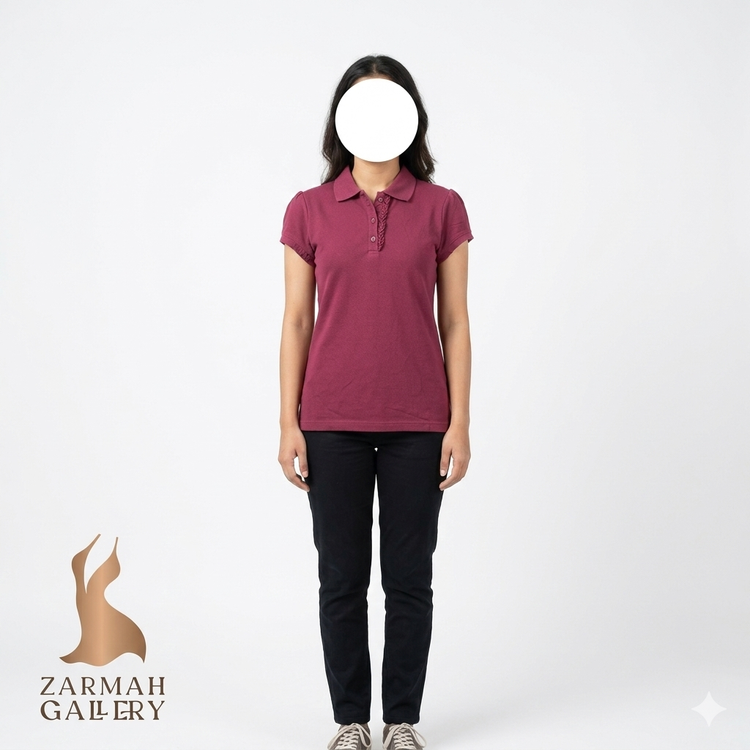 پولوشرت یقه دار زنانه برند PLACE رنگ زرشکی استوک وارداتی کد ۲ مناسب سایز ۳۴ و ۳۶