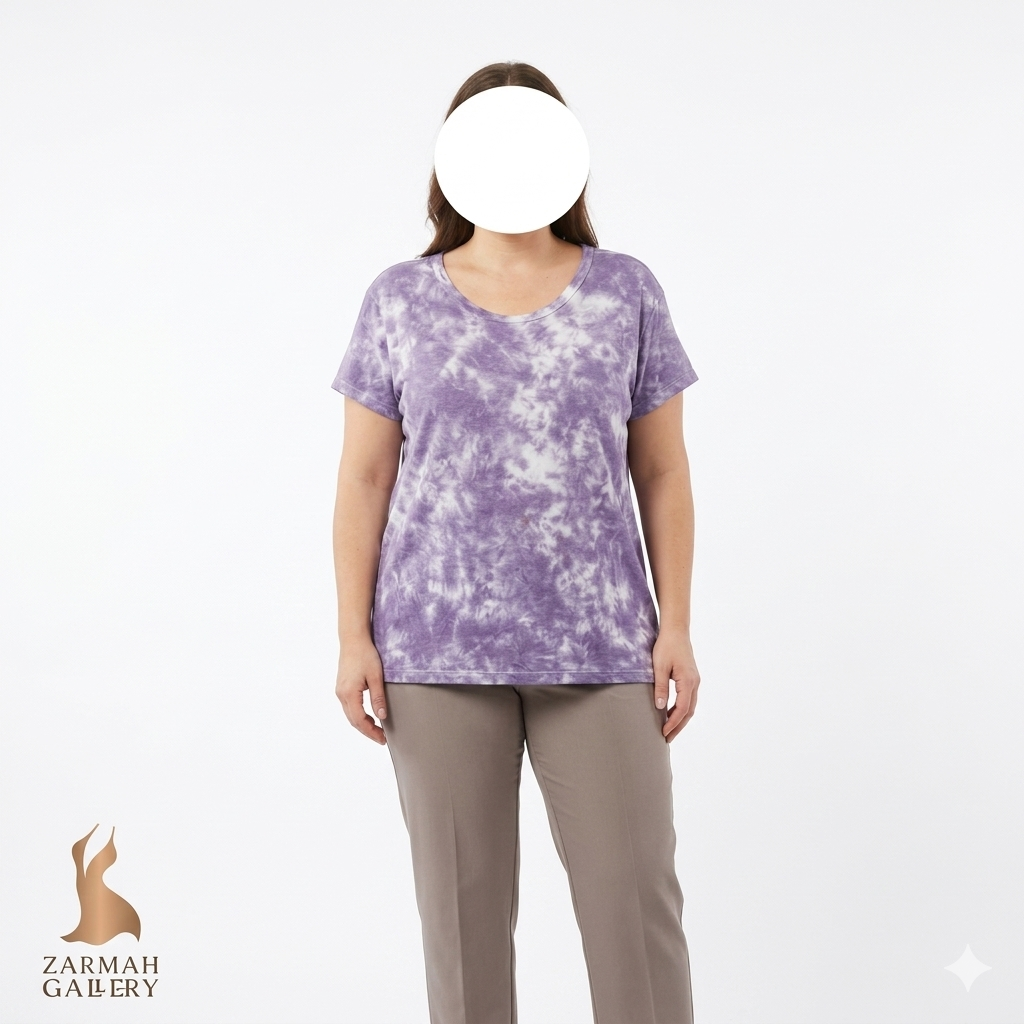 تیشرت زنانه وارداتی برند Luxe Tie Dye رنگ بنفش ابر و بادی استوک با تنخور آزاد مناسب سایز بزرگ