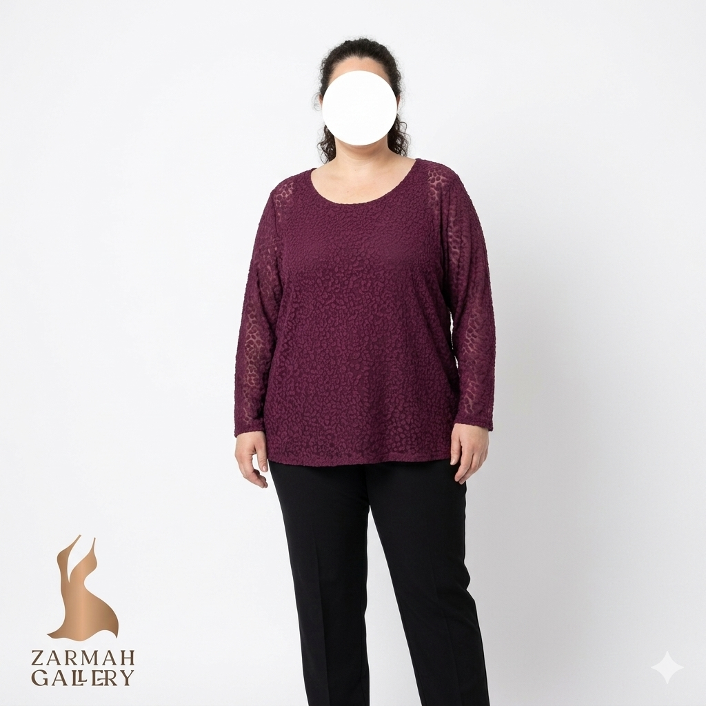 شومیز زنانه سایزبزرگ وارداتی رنگ بادمجانی توری طرحدار برند سیمپلی ورا زرماه گالری