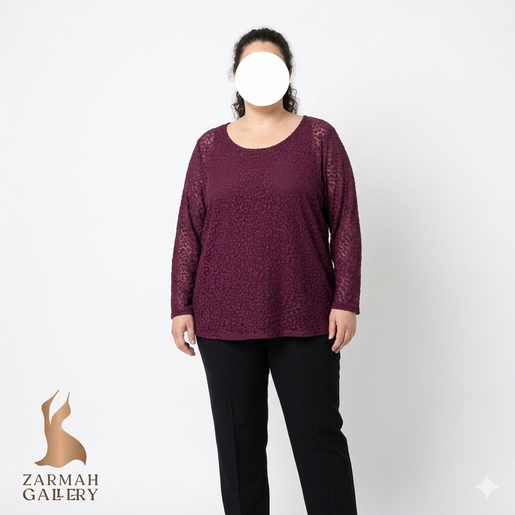 شومیز زنانه سایزبزرگ وارداتی رنگ بادمجانی توری طرحدار برند سیمپلی ورا زرماه گالری