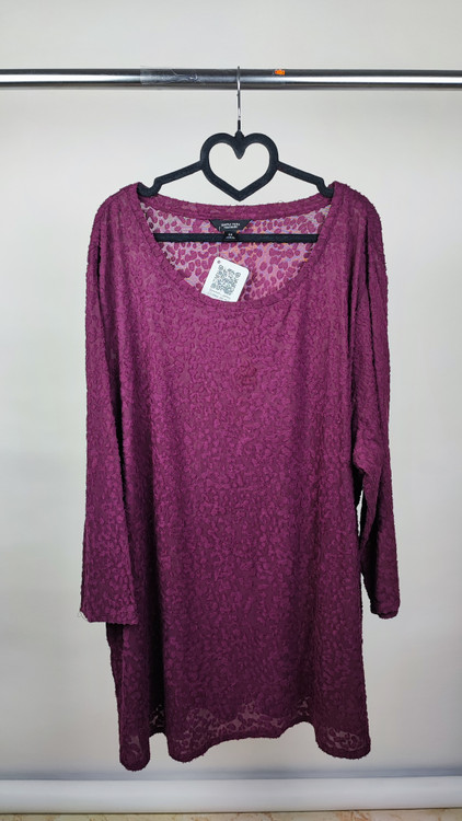 شومیز زنانه سایزبزرگ وارداتی رنگ بادمجانی توری طرحدار برند سیمپلی ورا زرماه گالری