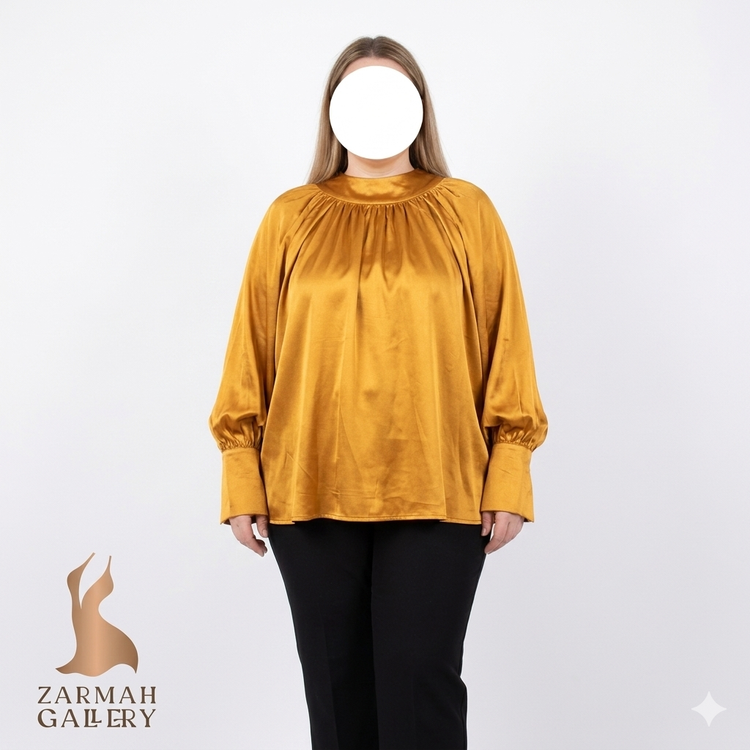 شومیز زنانه ساتن خردلی برند Ashro استوک اروپایی سایز بزرگ مناسب استایل مجلسی