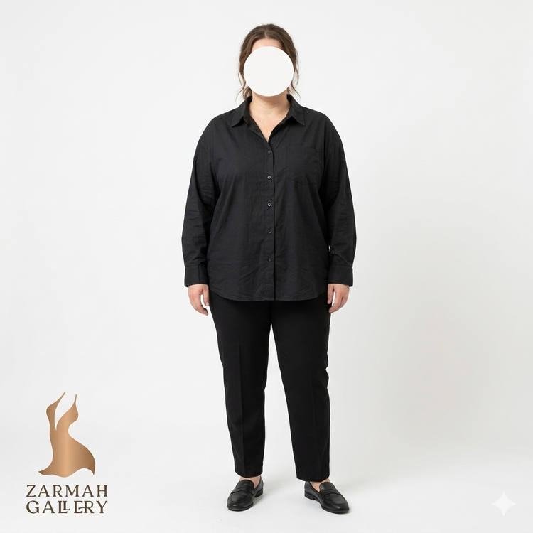 شومیز مشکی دکمهدار زنانه سایزبزرگ برند کتان آن استوک اروپایی کد ۱۸۹۷ مناسب استایل کژوال