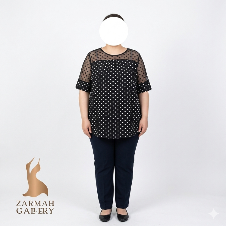 شومیز زنانه سایز بزرگ مشکی خالخالی با آستین و یقه تور حریر برند خارجی