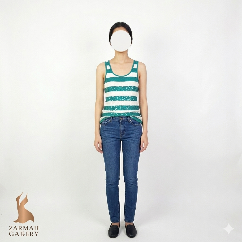 تاپ رکابی زنانه استوک اورجینال برند اولد نیوی رنگ سبز سفید راهراه مناسب سایز ریز