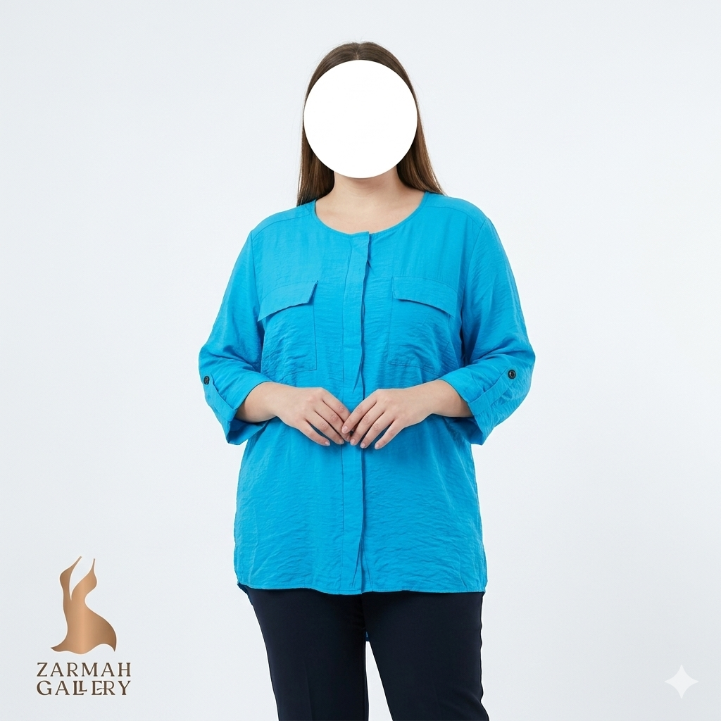 شومیز زنانه سایز بزرگ برند بورلی درایو رنگ آبی روشن آستین سه ربع مناسب استایل کژوال و روزمره