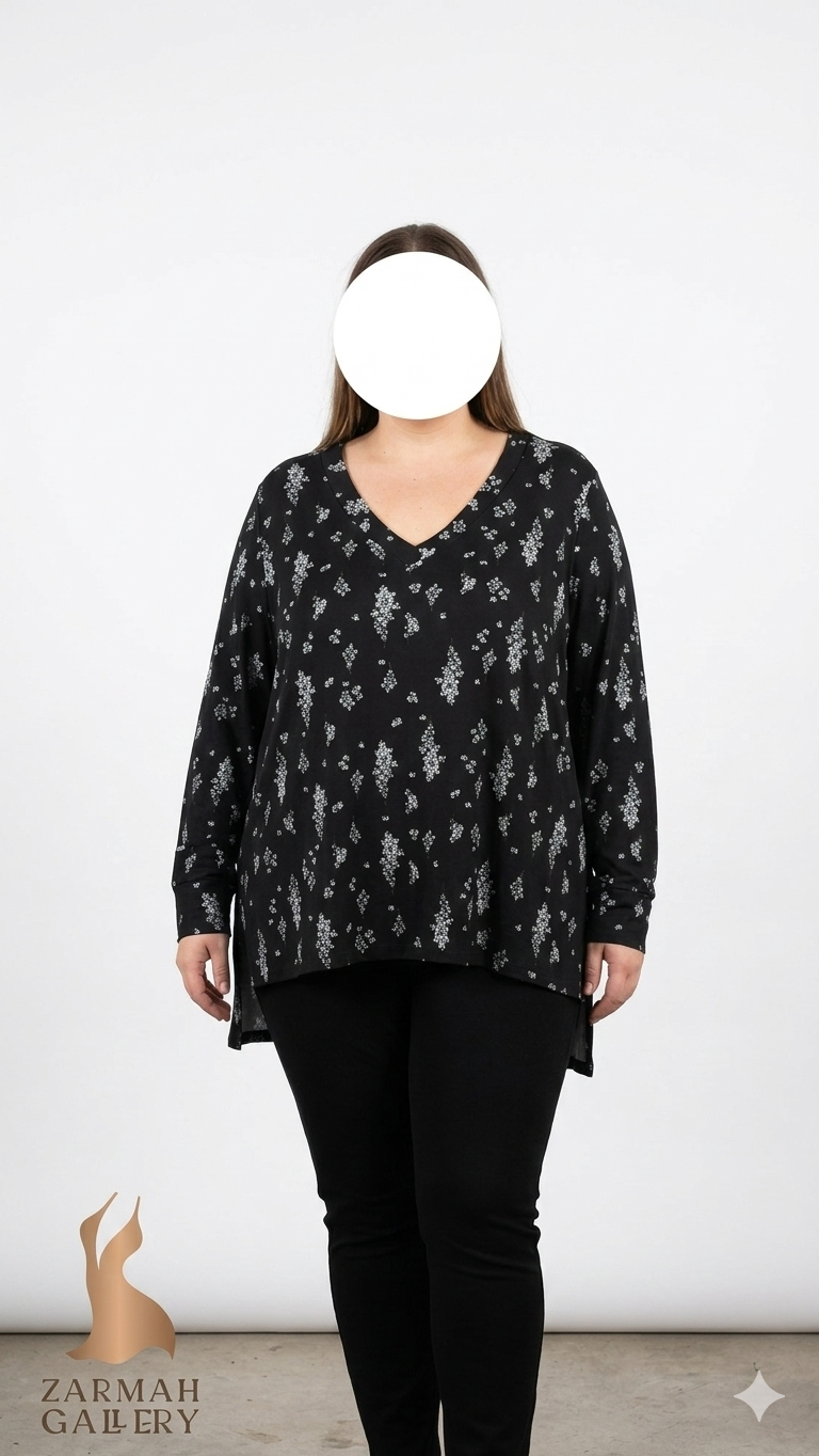 شومیز مشکی گلدار ریز زنانه سایز بزرگ برند Bobeau وارداتی استوک مناسب استایل کژوال