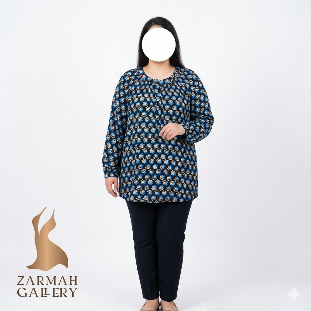 تنخور شومیز زنانه سایزبزرگ برند Croft & Barrow رنگ سرمهای با طرح گلهای آبی تیره، جنس ریون ضد حساسیت، موجود در فروشگاه زرماه گالری