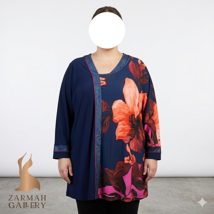 شومیز زنانه سایزبزرگ رنگ سرمهای با گلهای بزرگ نارنجی استوک خارجی