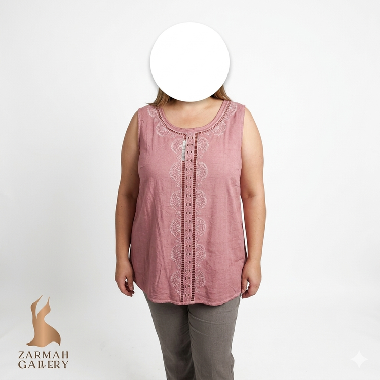 تاپ نخی زنانه سایزبزرگ رنگ کالباسی چرک با گلدوزی و دوخت تزیینی برند Tantrums استوک وارداتی