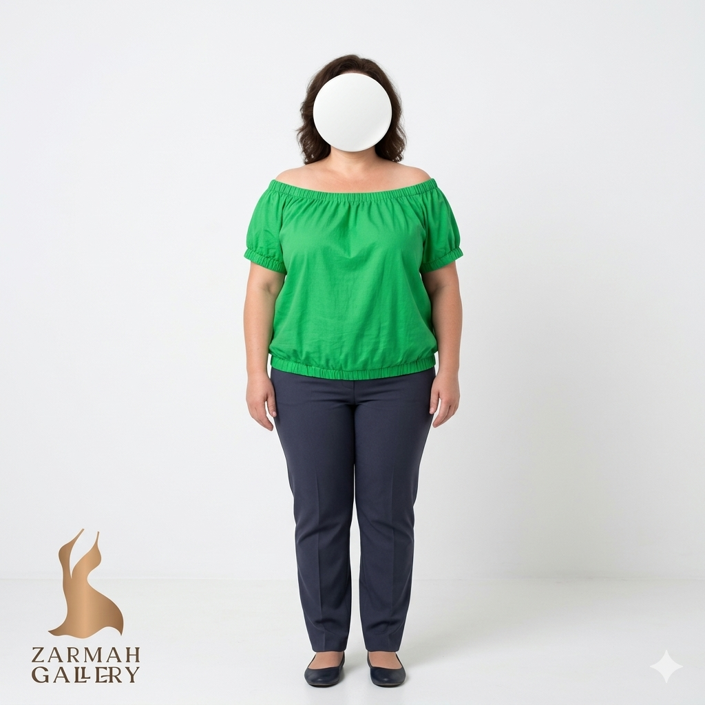 شومیز یقه قایقی سایزبزرگ زنانه برند آنکو رنگ سبز، جنس لنین نخی، مناسب استایل تابستانی از فروشگاه زرماه گالری