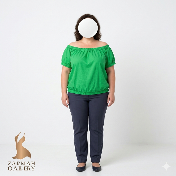 شومیز یقه قایقی سایزبزرگ زنانه برند آنکو رنگ سبز، جنس لنین نخی، مناسب استایل تابستانی از فروشگاه زرماه گالری