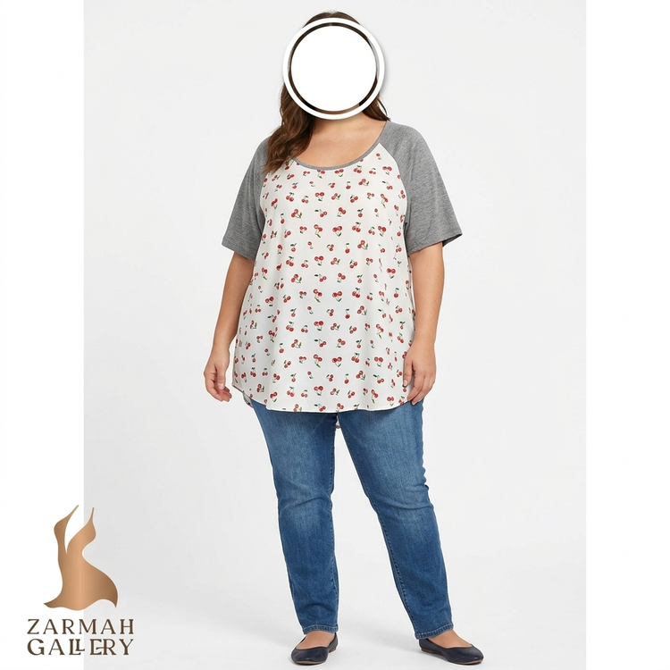 شومیز سایزبزرگ زنانه مارک تورید سفید با طرح گیلاس قرمز و آستین تیشرتی طوسی مناسب استایل کژوال روزمره