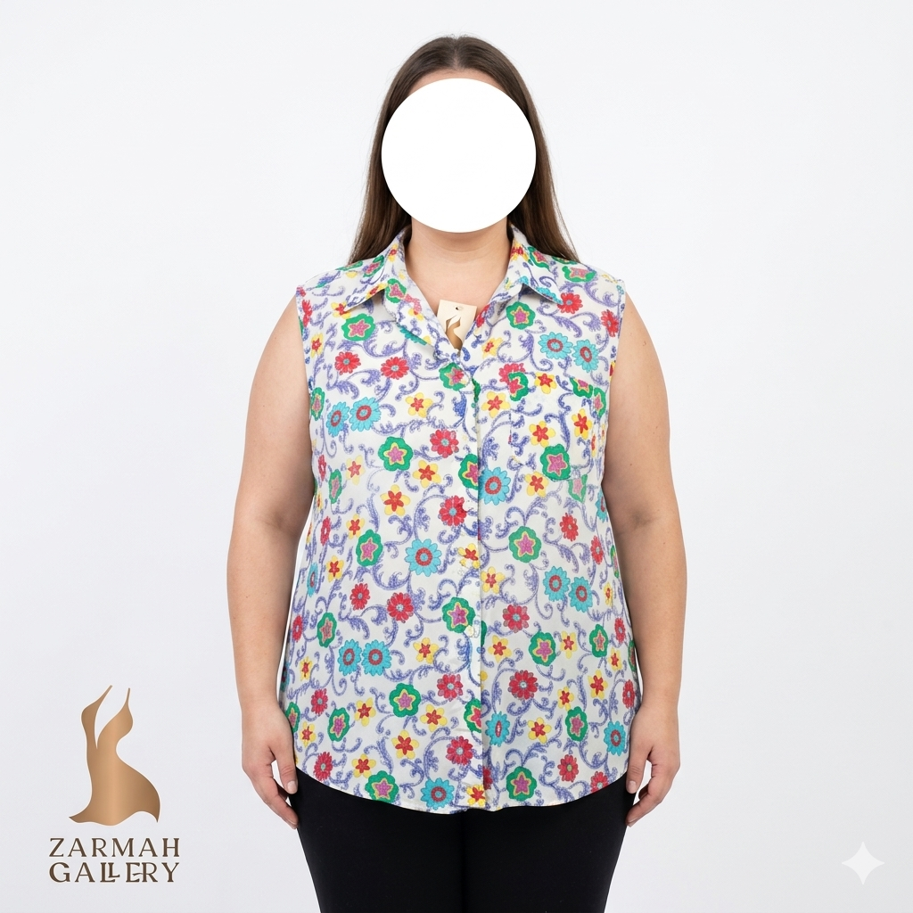 شومیز آستین حلقه ای زنانه سایز بزرگ استوک مارک دار با طرح گل های ملون قرمز آبی سبز و زمینه سفید کد 2070 موجود در زرماه گالری