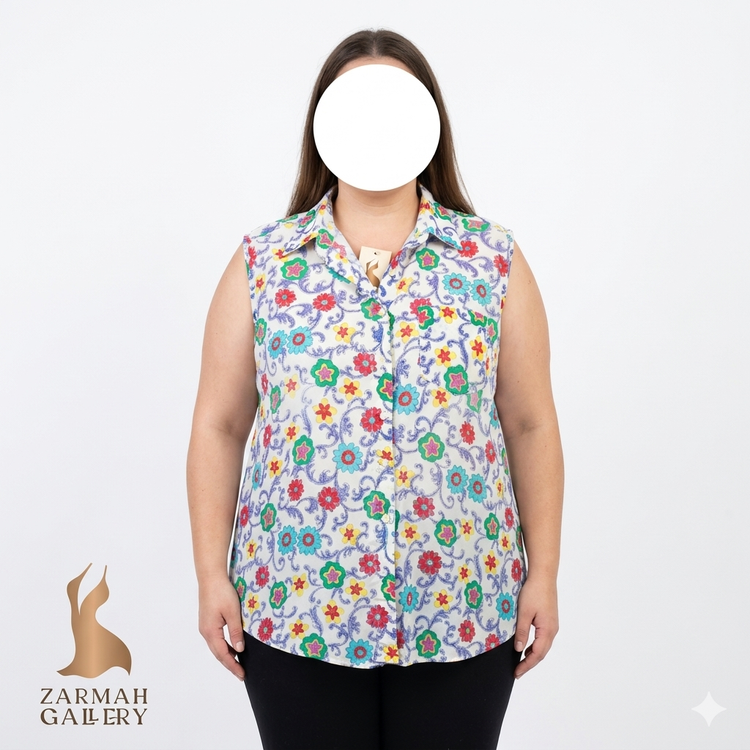 شومیز آستین حلقه ای زنانه سایز بزرگ استوک مارک دار با طرح گل های ملون قرمز آبی سبز و زمینه سفید کد 2070 موجود در زرماه گالری