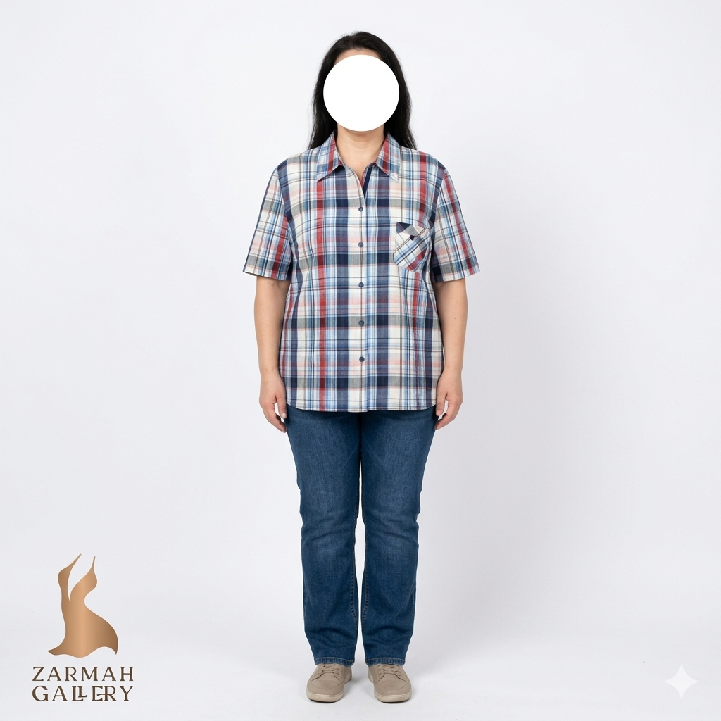 شومیز زنانه سایزبزرگ استوک وارداتی طرح چهارخونه ریز رنگی (قرمز و آبی) آستین کوتاه مناسب استایل روزمره زنانه