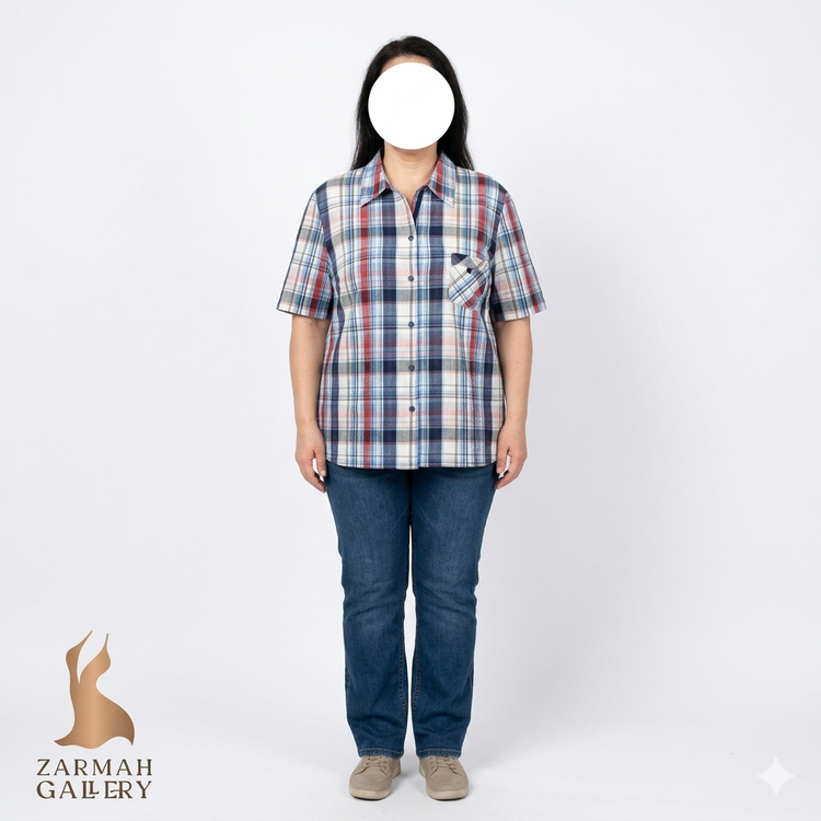 شومیز زنانه سایزبزرگ استوک وارداتی طرح چهارخونه ریز رنگی (قرمز و آبی) آستین کوتاه مناسب استایل روزمره زنانه