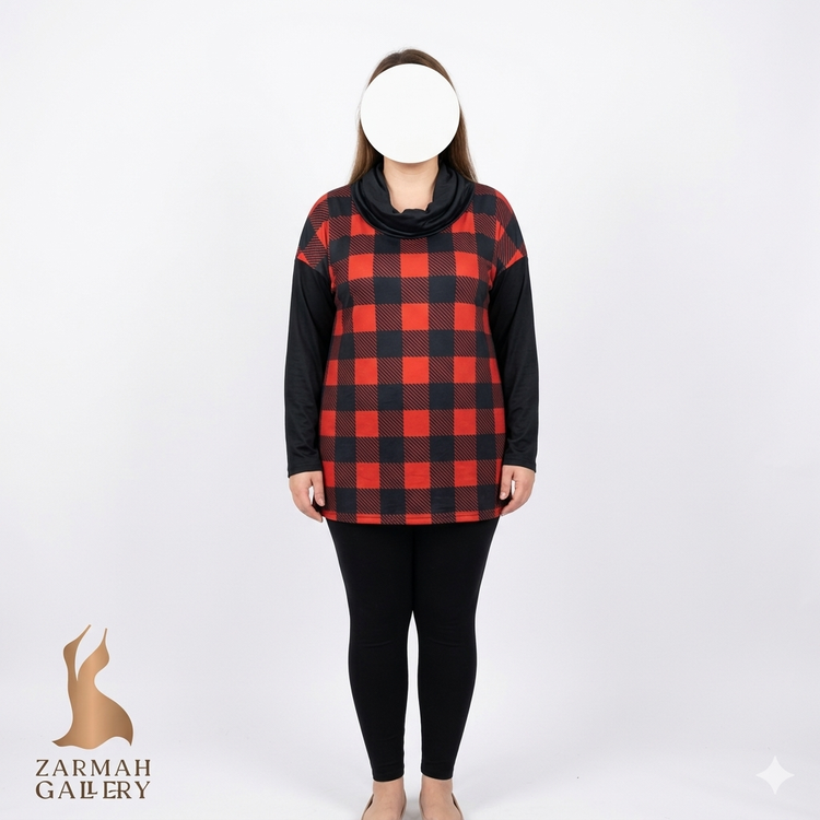 تونیك زنانه استوک برند ساکورافینا طرح چهارخونه قرمز مشکی یقه شل با آستین مشکی و شلوار مشکی تنخور مدل