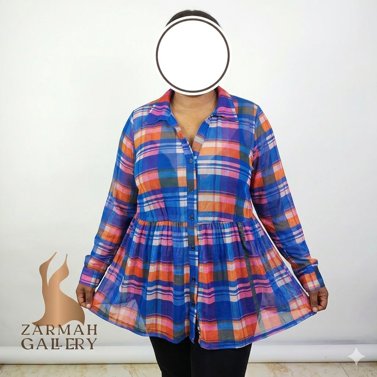 شومیز چهارخانه سایزبزرگ زنانه جنس توری مشکی مارک دار وارداتی زرمه گالری