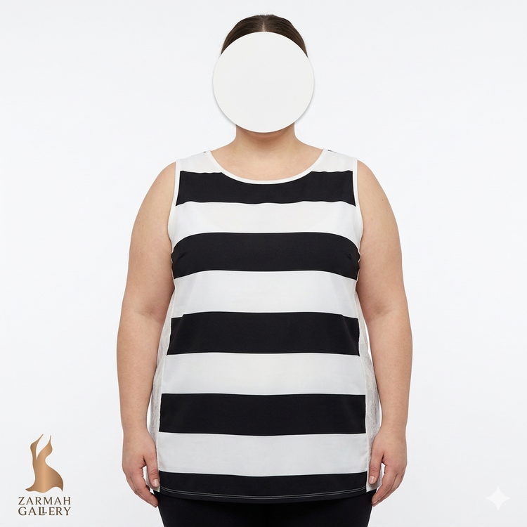 تاپ زنانه سایزبزرگ برند BELLE & SKY استوک اروپایی راه راه پهن مشکی و سفید با پنل توری در پهلو مناسب استایل راحتی