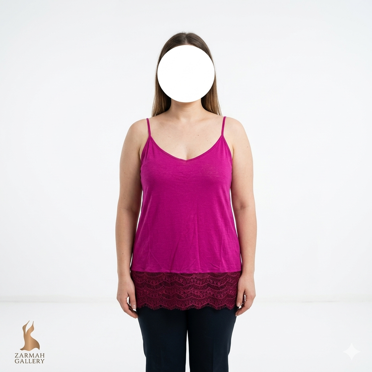 تاپ بنددار زنانه استوک خارجی رنگ ارغوانی برند لیلی مورگان با حاشیه توری پایین سایز مدیوم گرید