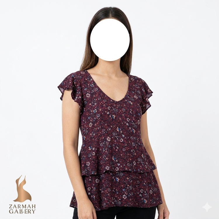 تیشرت زنانه گلدار زرشکی آستین پفی برند Aeropostale مدل یقه هفت گرید B فروشگاه زرماه گالری